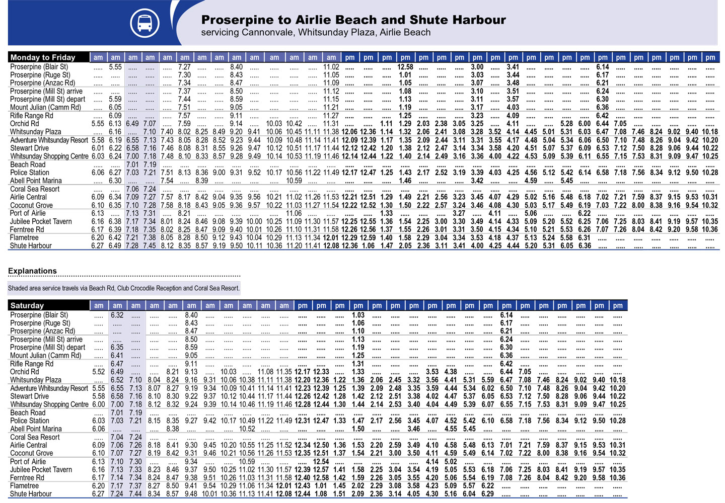 Whitsunday Bus Timetable Proserpine to Airlie Beach