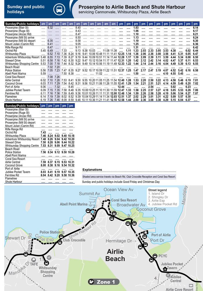 Whitsunday Bus Timetable Proserpine to Airlie Beach and Shute Harbour