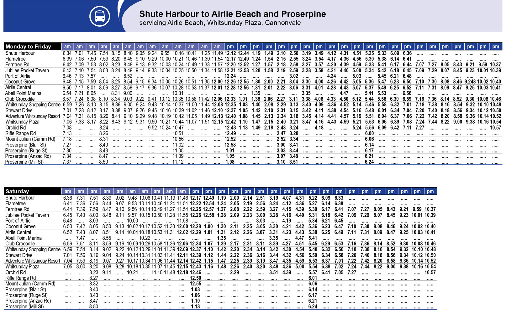 Whitsunday Bus Timetable Shute Harbour to Airlie Beach