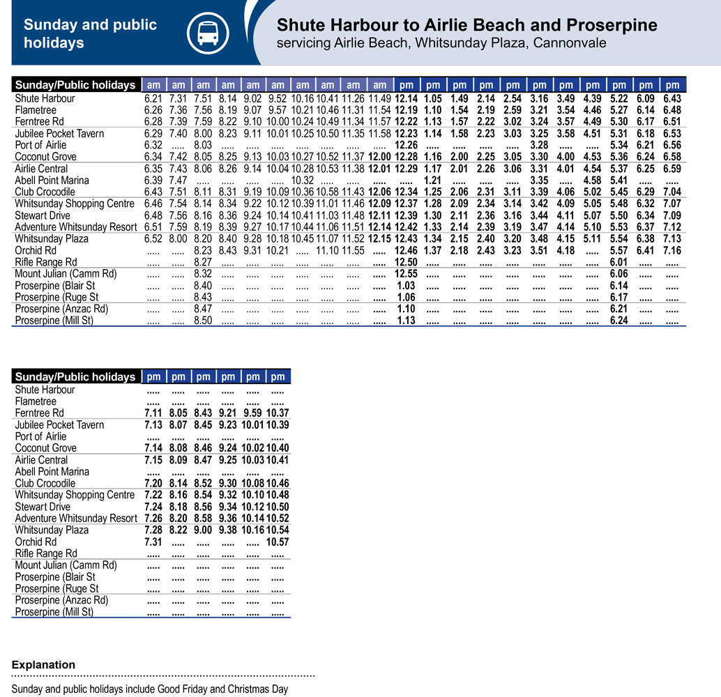 Whitsunday Bus Timetable Sunday Public Holidays